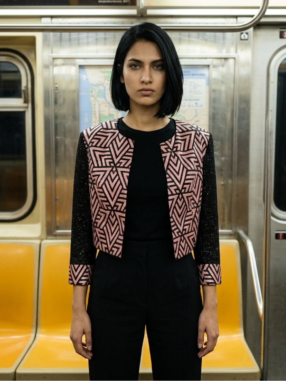 Camilla Milano NWT Metallic Pink Black Geometric Cropped Jacket Made in Italy